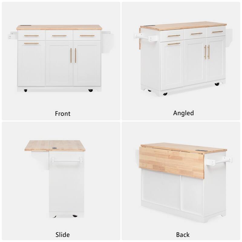 59" Rolling Kitchen Island on Wheels with Trash Can Storage Cabinet, Island Table for Kitchen with Power Outlet, Storage Rack