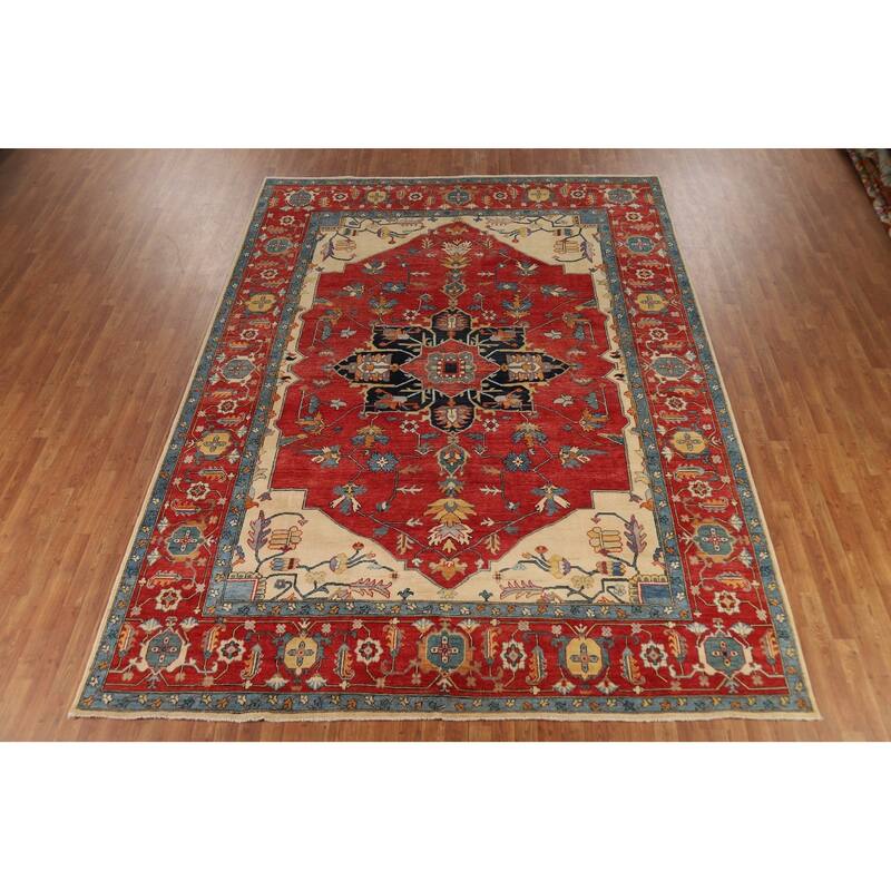 Vegetable Dye Heriz Oriental Rug Hand-Knotted Traditional Wool Carpet - 9'1" x 12'0"