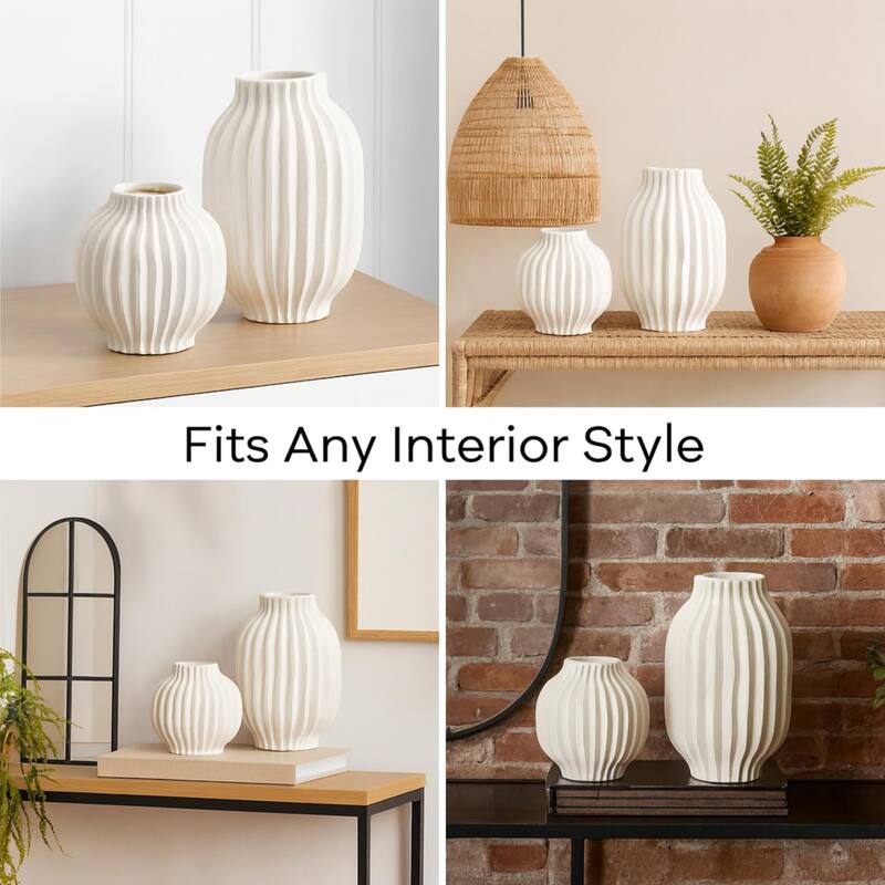 ARIA HOME White Vertical Grooved Modern Ceramic Table Vase Set of 2