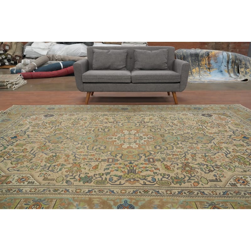 Hand Knotted Oriental 100% Wool Carpet Traditional Floral Beige & Ivories Tabriz Area Rug - 11' 0'' X 8' 1''