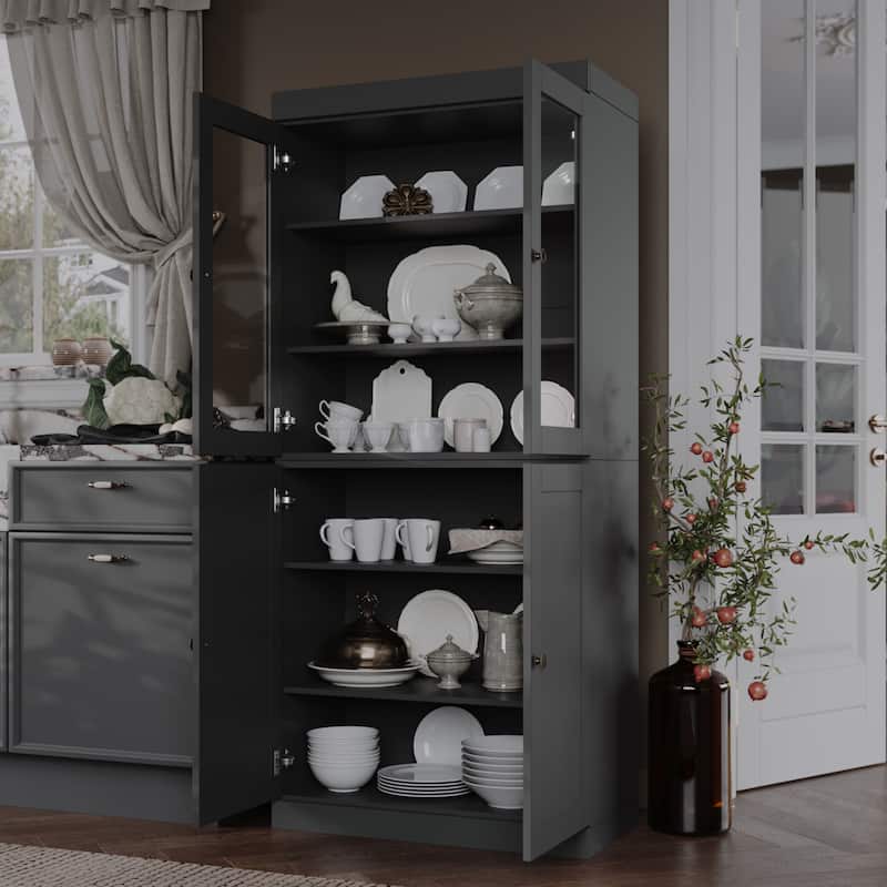 Palace Imports 100% Solid Wood 32" Pantry Cabinet with Clear Glass, Shaker Doors and Adjustable Shelves