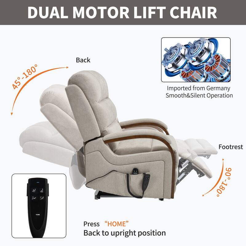 Roomfitters Dual Motor Power Lift Recliner, Infinite Position Massage Chair with Solid Wood Armrests, Chenille