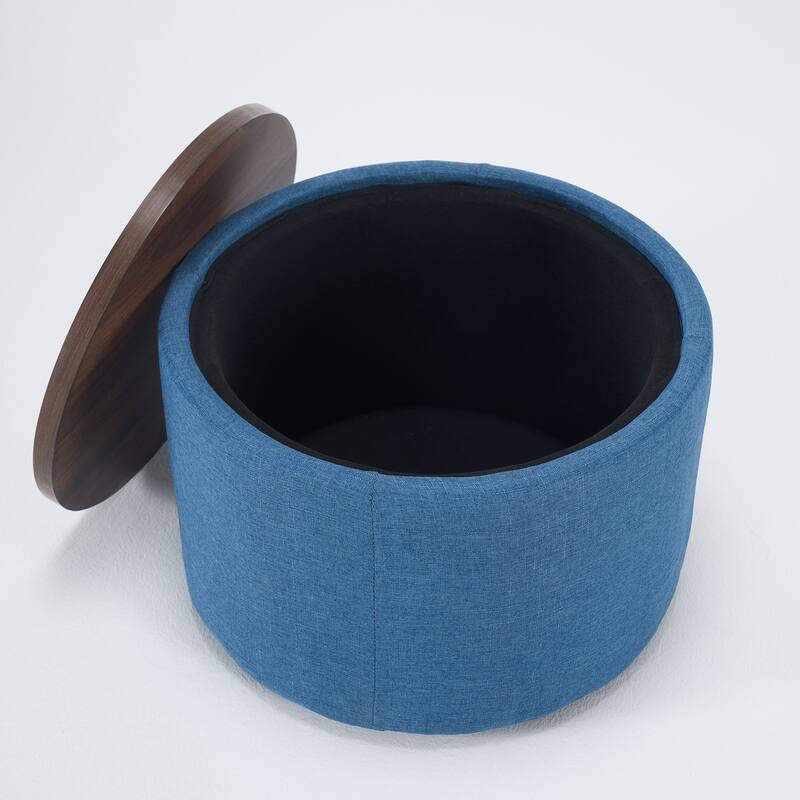 Ball & Cast Nesting Storage Ottomans of 2, Linen Upholstered Footstool Wood Tray, 22.75" Round Coffee Table
