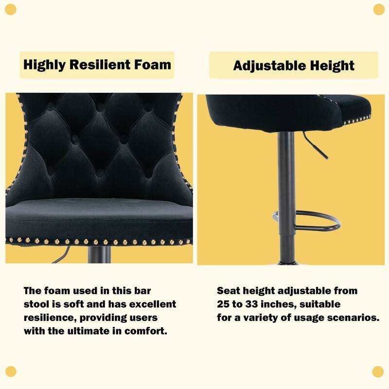Velvet Upholstered Nailheads Tufted Swivel Bar Stools (Set of 2)