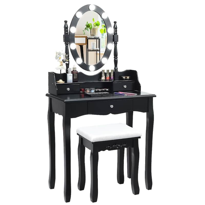 Oval Mirror Vanity Set with 10 LED Dimmable Bulbs and 3 Drawers - 29.5" x 16" x 56.5" (L x W x H) - Black