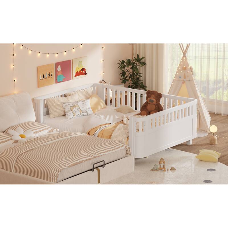 Roomfitters Queen Platform Bed, Low Profile Slatted Daybed with Wooden Frame and Removable Guardrails for Bedrooms