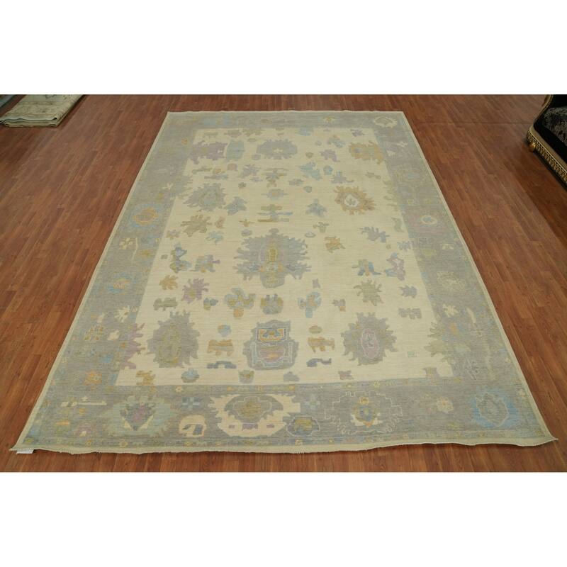 Vegetable Dye Wool Oushak Turkish Area Rug, Floral Geometric Carpet - 13' 4'' X 9' 8''
