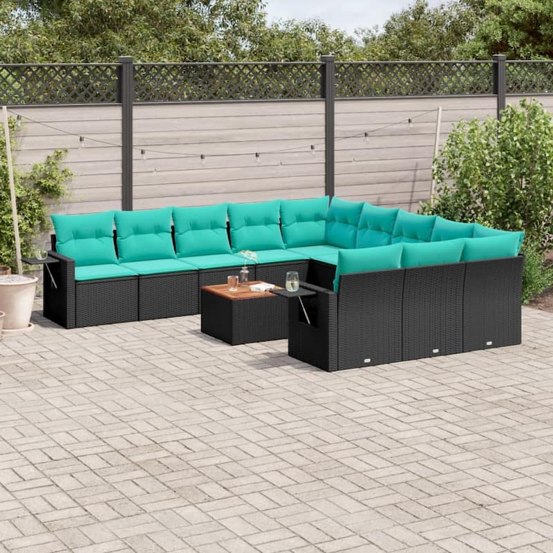 vidaXL 12 Piece Patio Sofa Set with Cushions Black Poly Rattan - 24.4 x 24.4 x 27.2