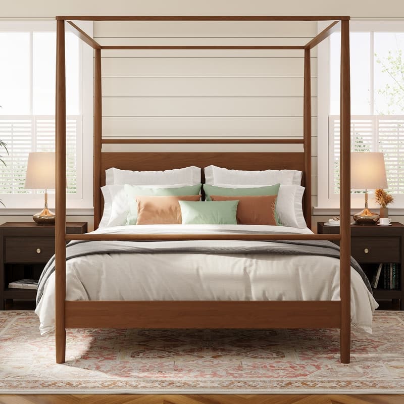 Walnut Wooden Canopy Bed Frame Panel Wingback Bed Four Posters Bed with Complete Roller Track on The Top No Box Spring Needed