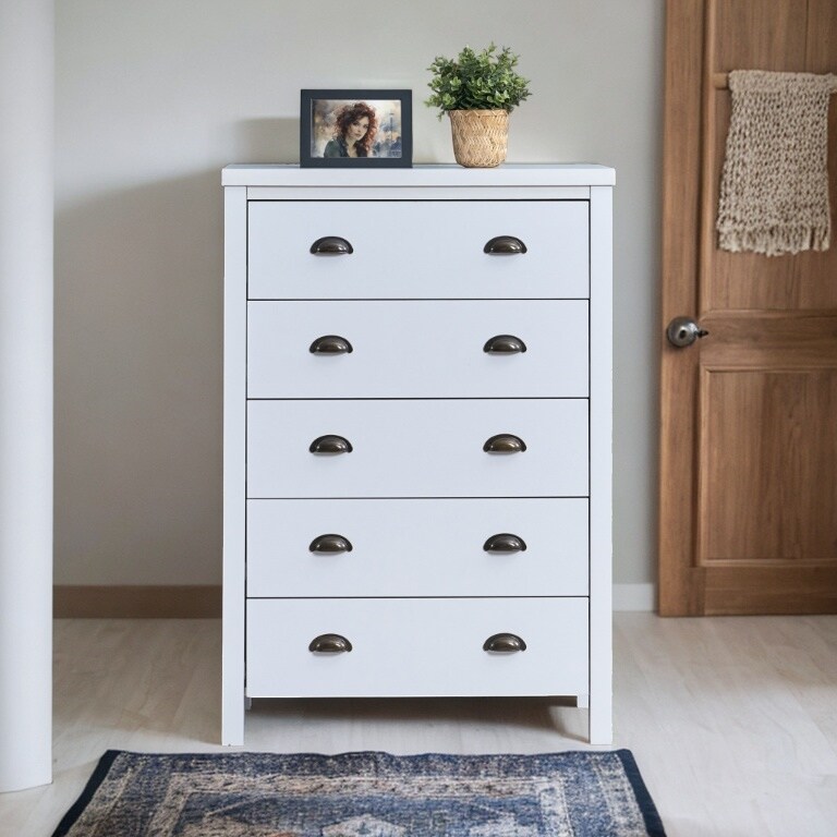 5 Drawer Chest with Interlock System Tall Dresser with Pre Assembled Slides Easy Assembly Classic White Organizer