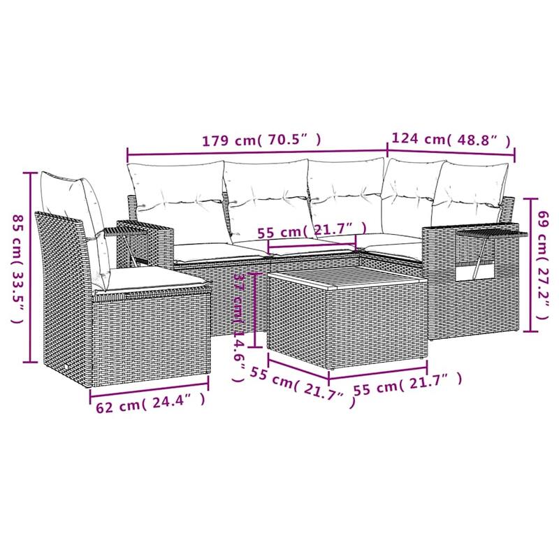 vidaXL 6 Piece Patio Sofa Set with Cushions Gray/Brown/Black Poly Rattan - 24.4" x 24.4" x 27.2"