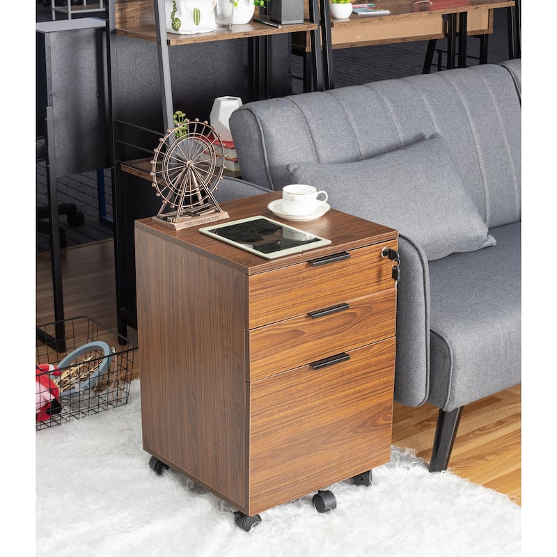 JJS 3 Drawer Rolling File Cabinet Wooden Storage with Lock & Wheels