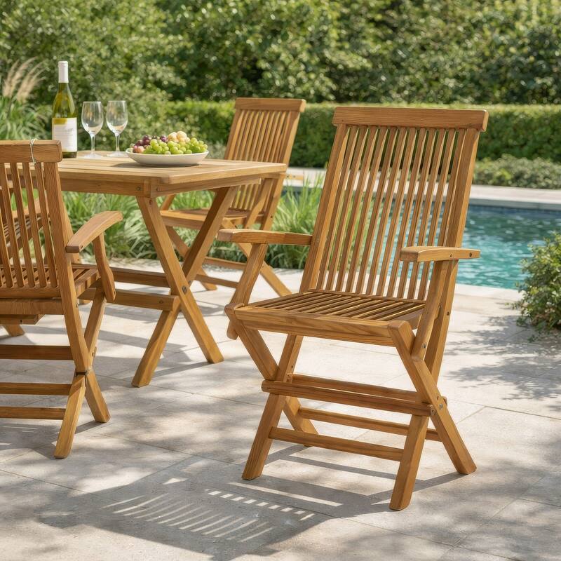 Hina Folding Outdoor ArmSet of 6, Brown Solid Teak Wood, Slatted