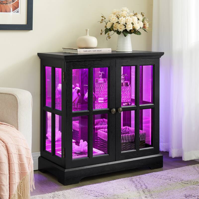 LED Curio Display Cabinet with Grille Doors, Antique Display Cabinet with Adjustable Shelves, Wooden Accent Storage Cabinet