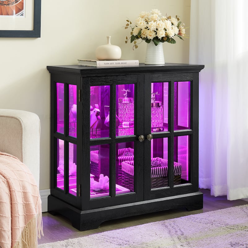 Modern Black Glass Cabinet with Acrylic Back and Two Doors Adjustable Shelving for Home Decor - 30.32”L x 15.75”W x 32.09”H