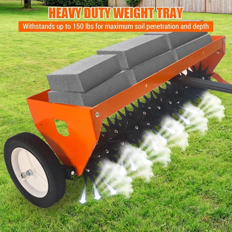 40-Inch Tow-Behind Lawn Aerator Heavy-Duty Steel Teeth Adjustable Handle & Transport Wheels Orange