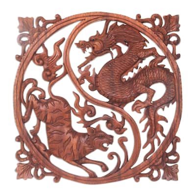 Novica Handmade Tiger And Dragon Wood Wall Relief