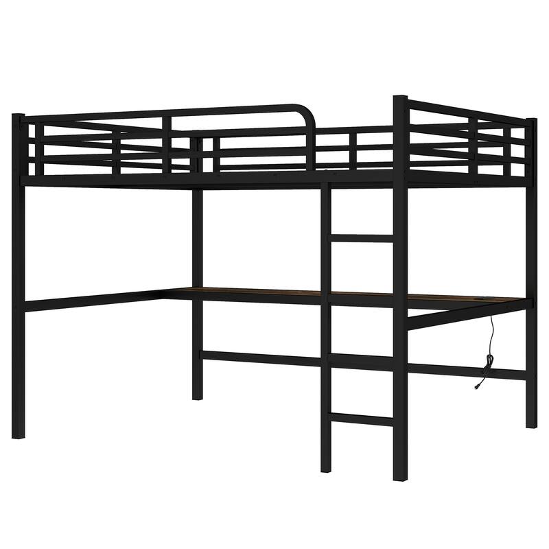 Roomfitters Metal Queen Size Loft Bed with Power Outlet & LED Lighting, Space-Saving Noise-Reduced Frame, Black