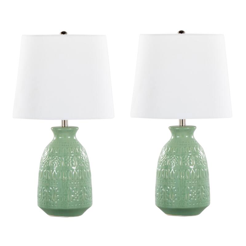Porch & Den Claudia 20" Ceramic Table Lamp with Patterned Base & Linen Shade (Set of 2) - 20 - Sage Green Ceramic/White Linen Shade