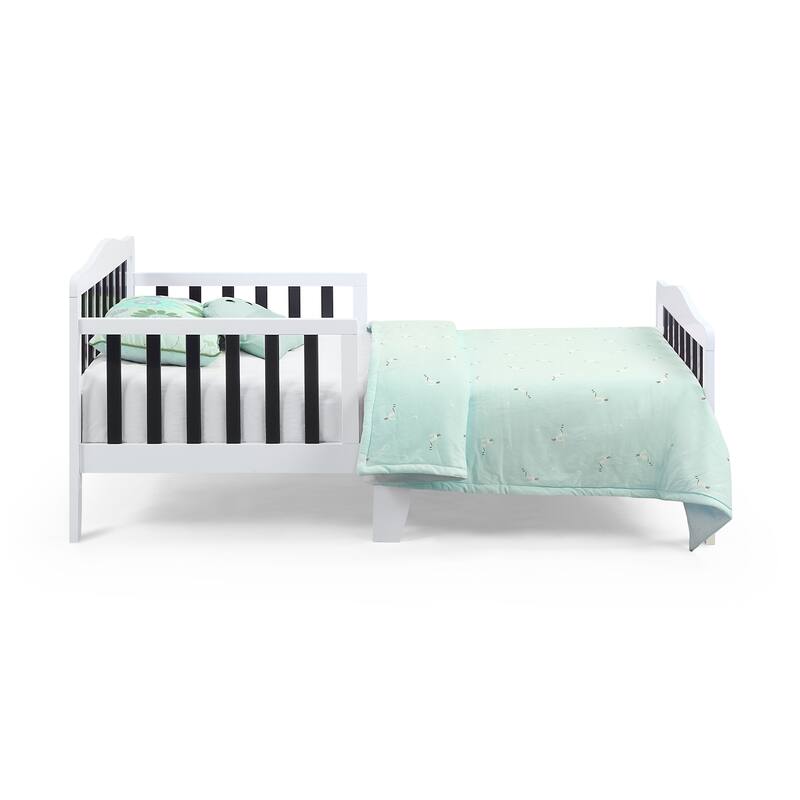 Birdie Toddler Bed in Dark Pink/White with Solid Wood Frame, Low Profile Footboard & Dual Safety Rails