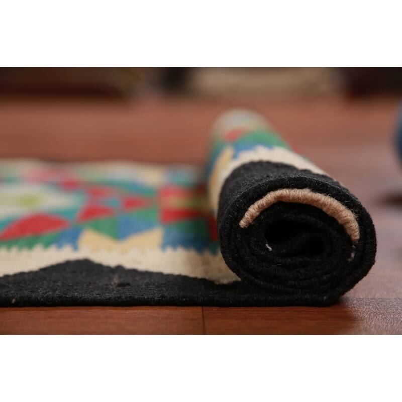 Hand Woven Oriental 100% Wool Carpet Southwestern Geometric Multi-Colored Kilim Runner Rug - 12' 8'' X 2' 8''