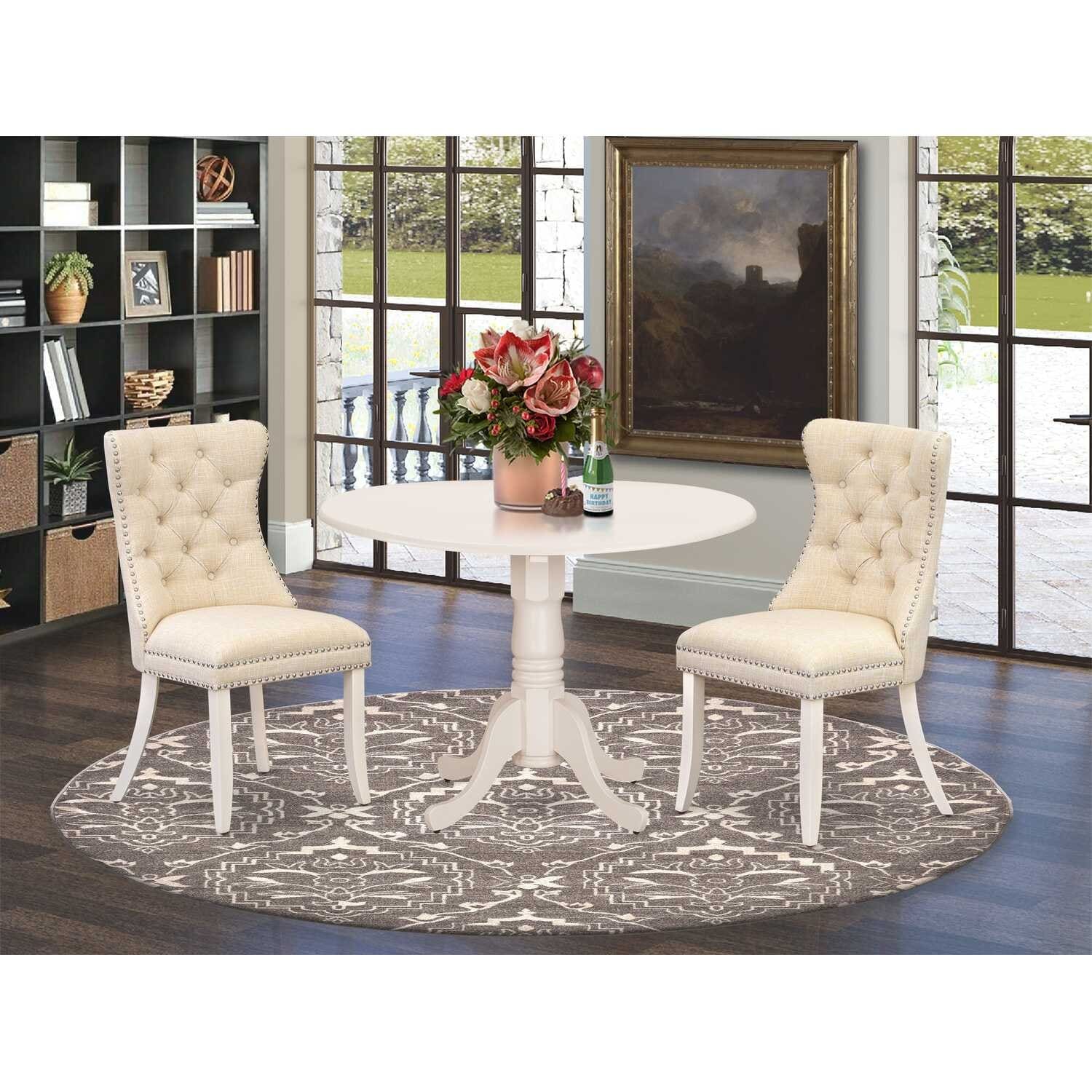 3-Piece Linen white Solid Wood Top-Round Dining Room Set -Seats 4