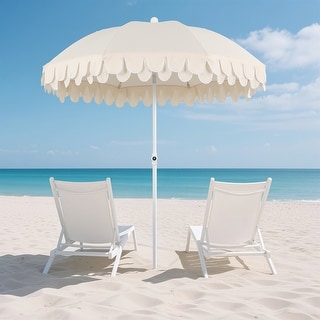 Horizon Coastal Scalloped Edge Beach Umbrella with Fringe, Push-Button Tilt, UV 50 Outdoor Canopy and Portable Carry Bag