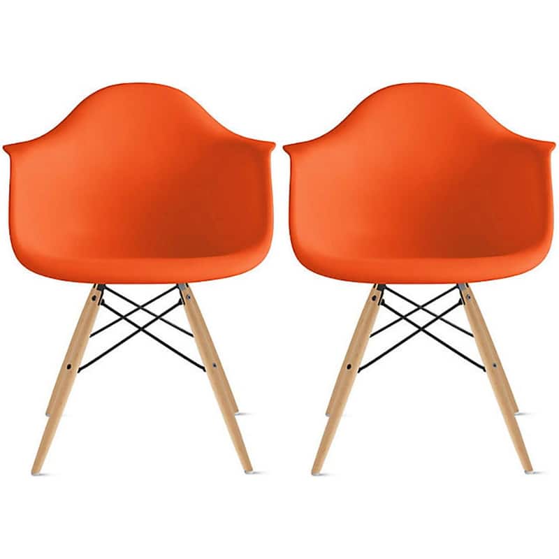 Set of 2 Plastic Accent Modern Designer Dining Chair With Arms Molded Shell Desk Natural Wooden Legs Kitchen Patio - Orange