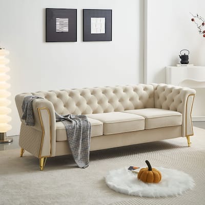 Mid-century Couch Velvet Upholstered Sofa with Button Tufted Backrest, Unique Armrest Design and Golden Metal Decor