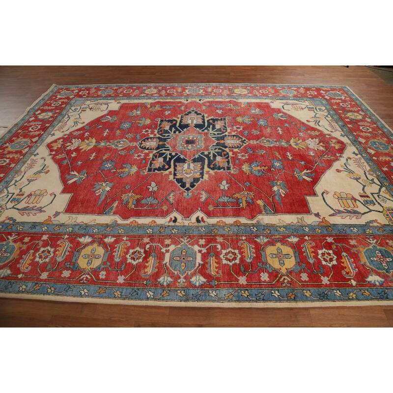 Vegetable Dye Heriz Oriental Rug Hand-Knotted Traditional Wool Carpet - 9'1" x 12'0"