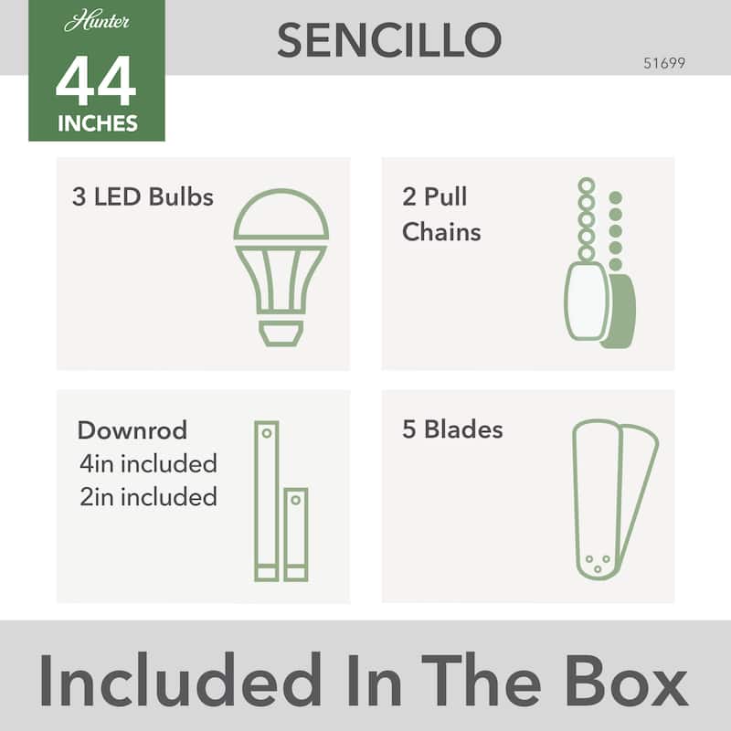 Hunter 44" Sencillo Ceiling Fan with LED Light Kit and Pull Chain