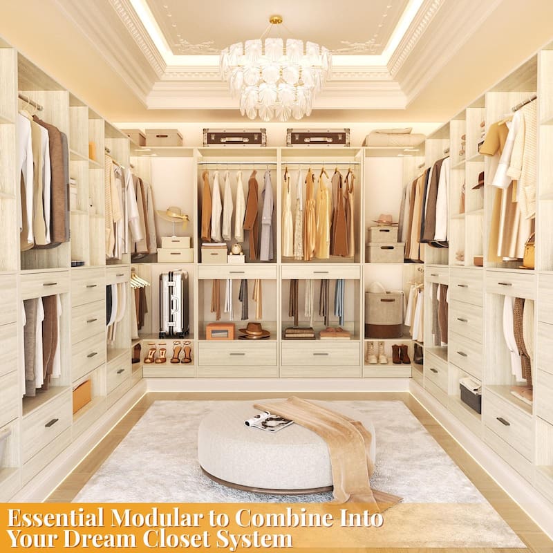 Qvella 23.6'' W Closet System with Hanging Rods and Wooden Drawers, Modular Walk-In Closet Organizer with Pants Rack