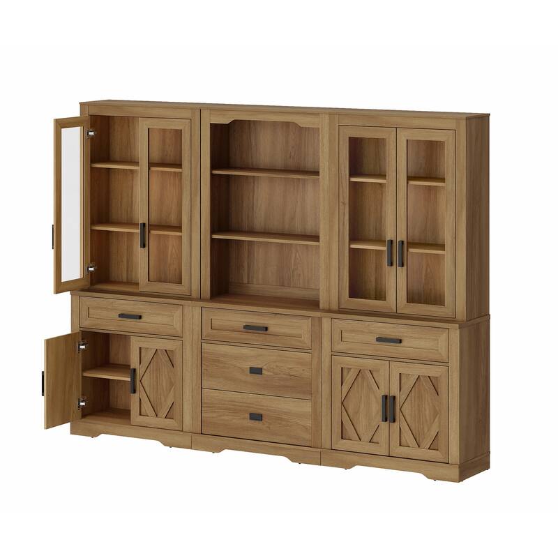 3-Column 73.3" Tall Bookshelf Set with Open Storage and Glass Doors