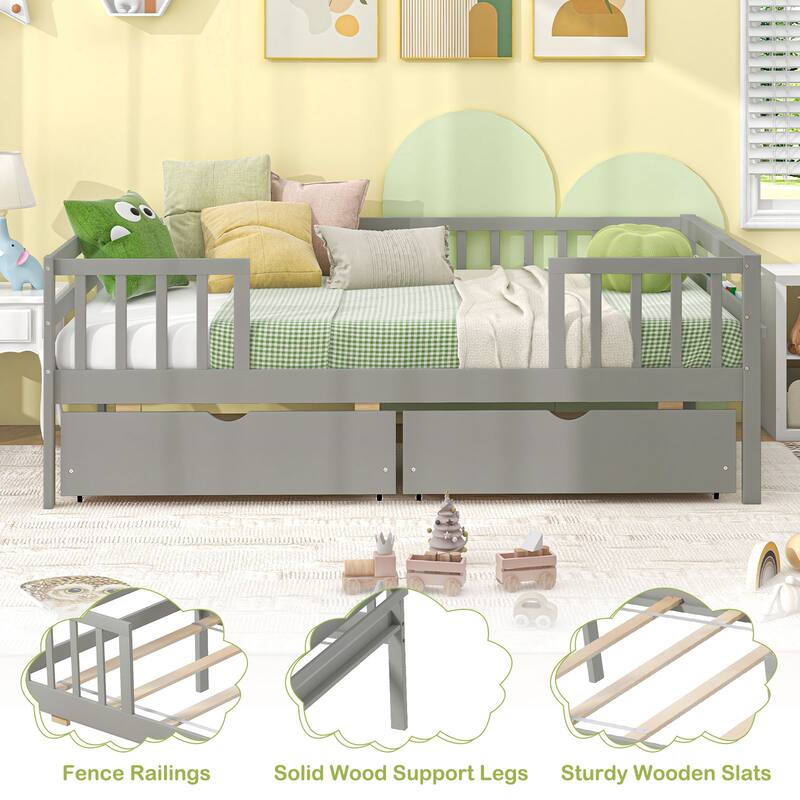 Twin Daybed with Fence and Storage Drawers Kids Bed