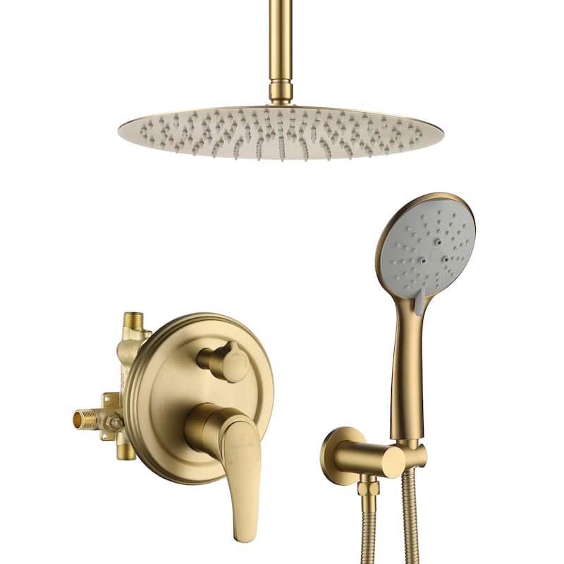 5-Spray Patterns with 2.5 GPM 12 in. Ceiling Mount Dual Shower Heads with Valve Included - 12" - Brushed Gold