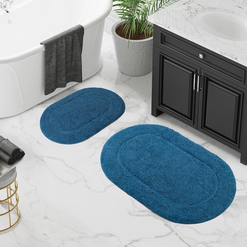 Superior Cotton Non-slip Oval Bath Rug - (Set of 2) - Sapphire
