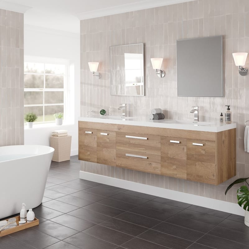 Lugano 72"W Wall Mount Bath Vanity with Acrylic Top & Integrated Sinks