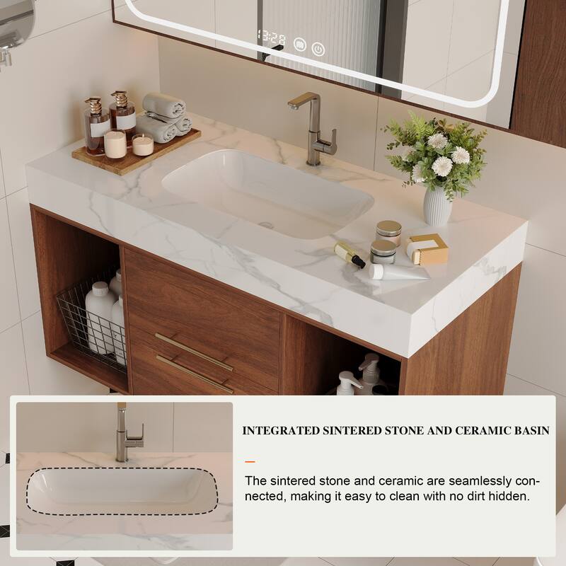 39.4"Floating Bathroom Vanity with Ceramic sink,Wall Mounted Vanity 2 Soft Close Drawer and white Slate top