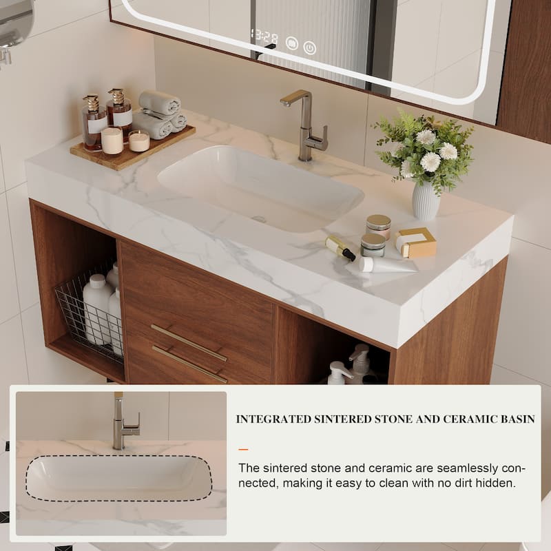 GDFStudio - Modern 39.4" Wall Mounted Floating Sintered Stone Bathroom Vanity with Seamless Ceramic Sink & Soft-Close Drawers