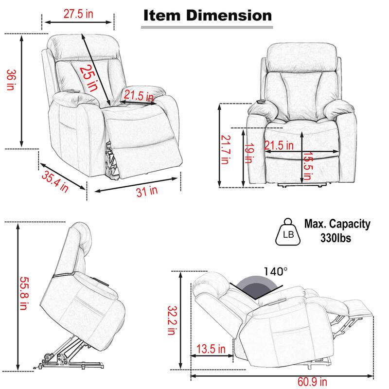 Grey Fabric Power Lift Recliner Chair for Elderly, with Remote Control, Overstuffed Cushion, Side Pocket, and Heavy-Duty Frame