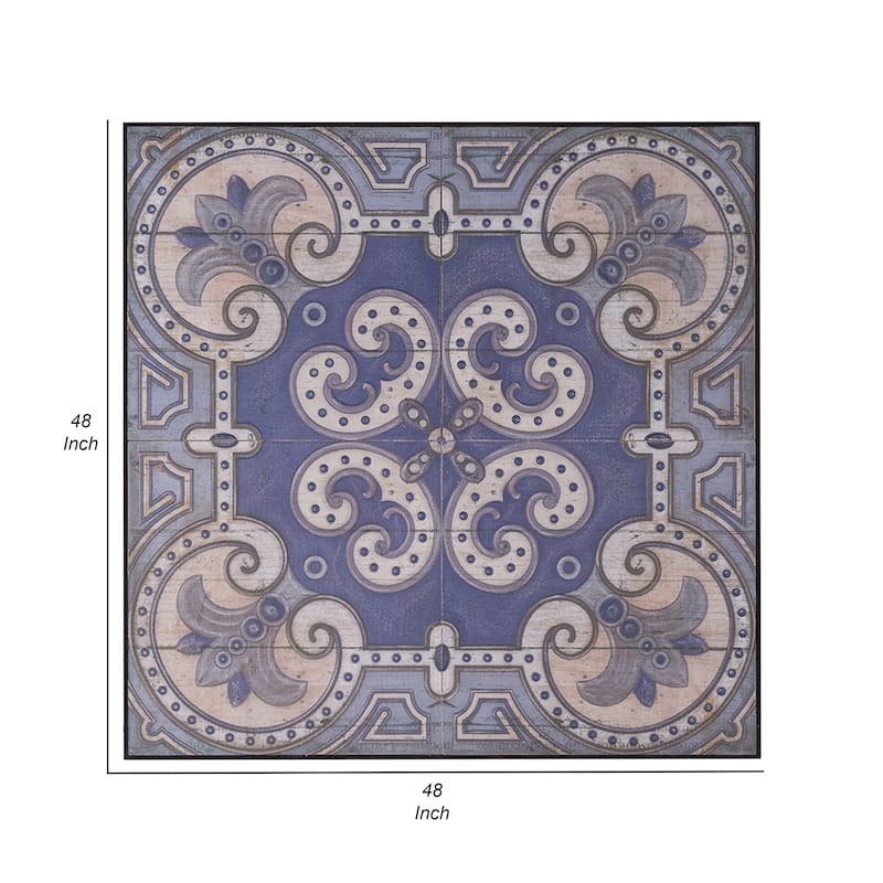 Lina 48 Inch Bordered Wall Art Tile, Square, Floral Mandala, Blue, Ivory