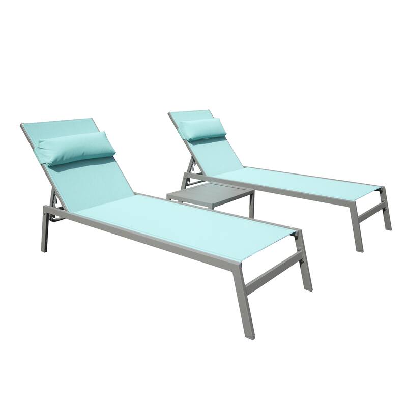 Modern 3-Piece Outdoor Chaise Lounge Set with Adjustable Headrests and Side Table for Poolside Beach Yard - Lake Blue