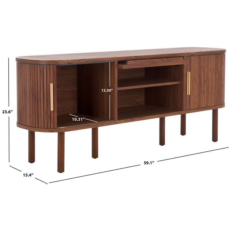 SAFAVIEH Home Tealla 2 Tambour & 1 Glass Lift Door Media Stand. - 59Wx15Dx24H - Walnut/Gold.
