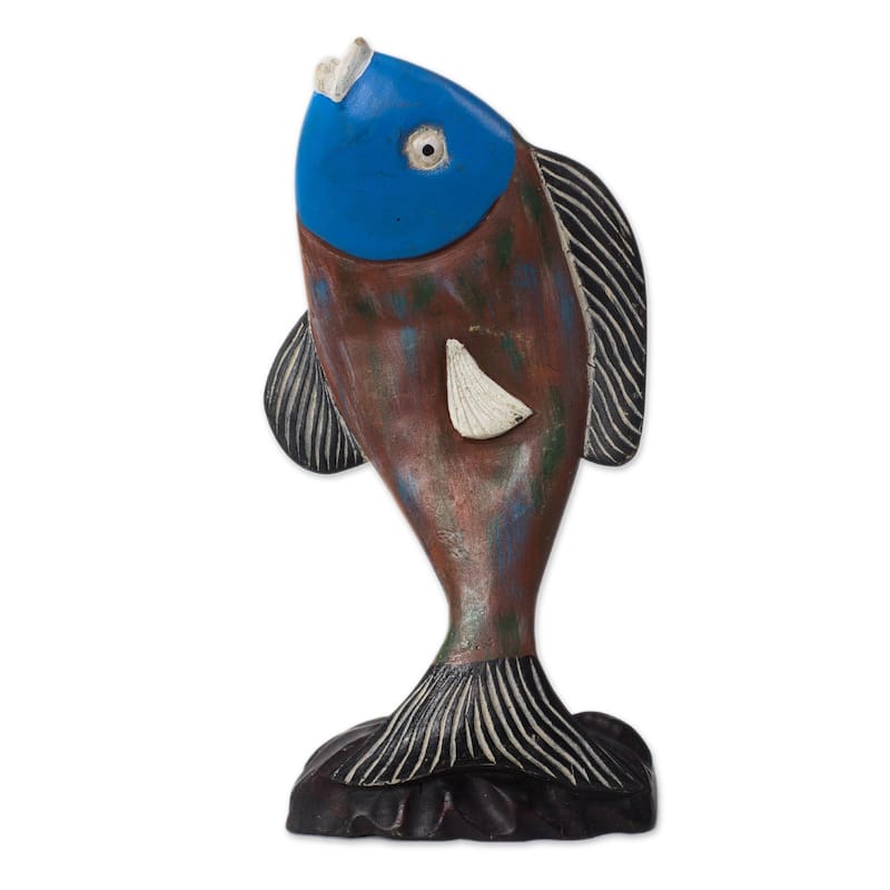 Novica Handmade Opportunistic Fish Wood Sculpture