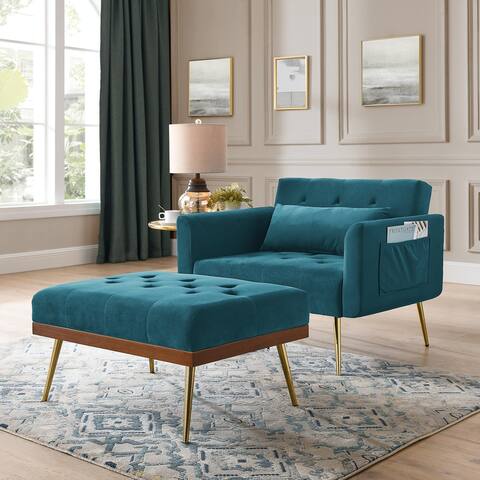 Recline Velvet Upholstered Sofa Chair with Ottoman Two Arm Pocket and Wood Frame