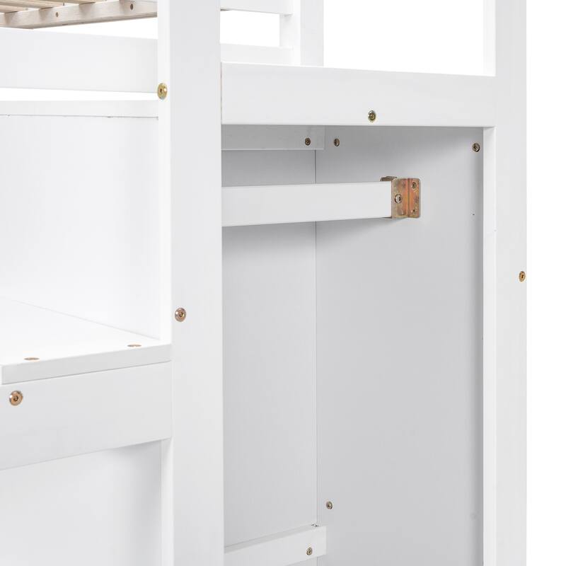 Full Size Loft Bed with Built-in Storage Wardrobe and Staircase, Solid Wood Space-Saving Loft Frame