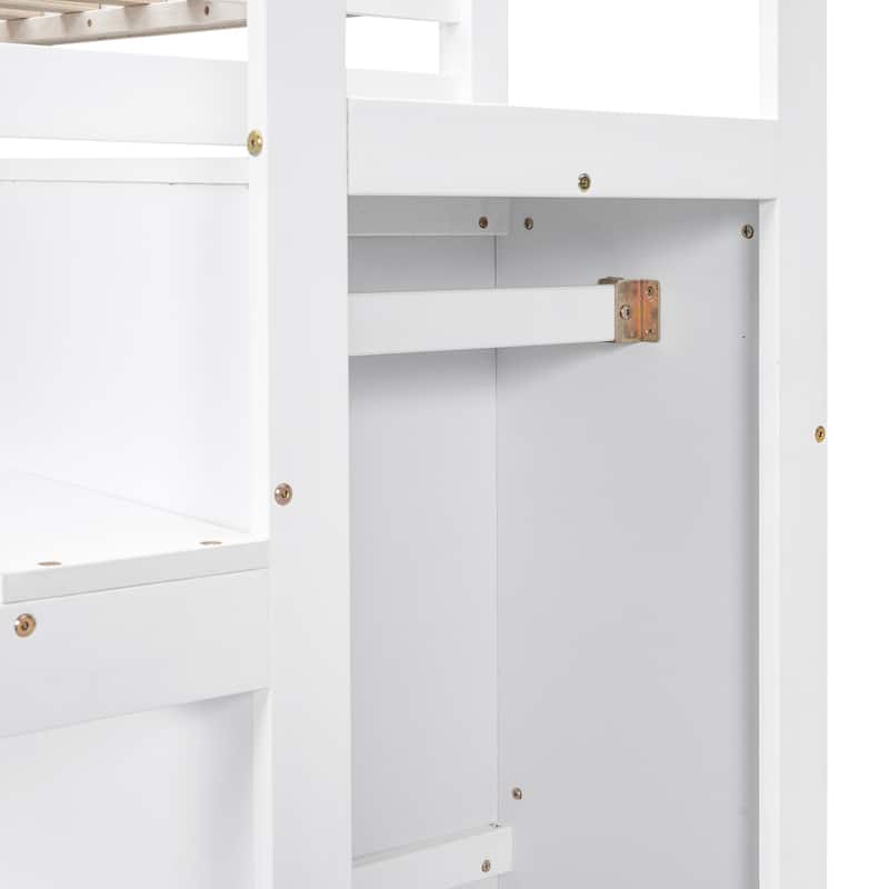 Full Size Loft Bed with Built-in Wardrobe Closet, Storage Staircase, Solid Pine Frame, Space-Saving Design
