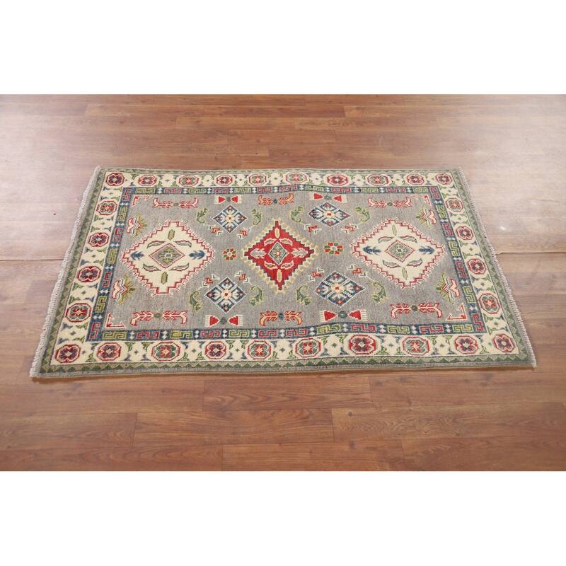 Gray Geometric Kazak Foyer Rug Hand-Knotted Oriental Wool Carpet - 2'8" x 4'1"