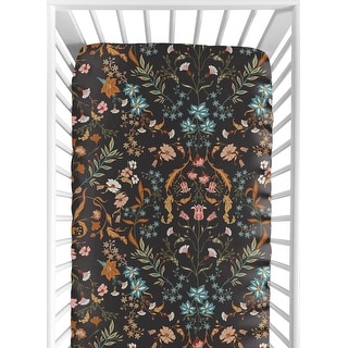 Boho Wildflower Vintage Floral Girl Fitted Crib Sheet Black Orange Teal Daisy Leaves Botanical Paisley Flower Bohemian Farmhouse