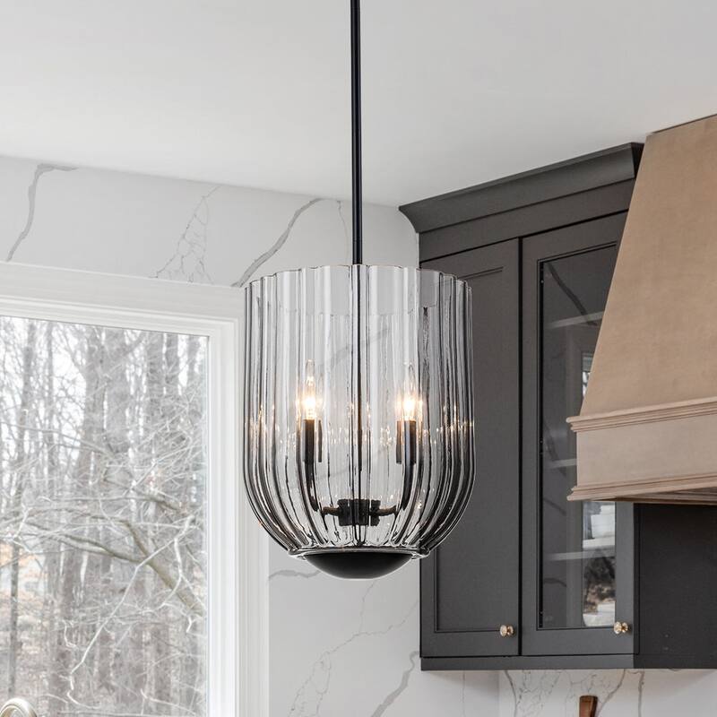 Modern Candle Style Round Reeded Taper Glass Shade Pendant 11in